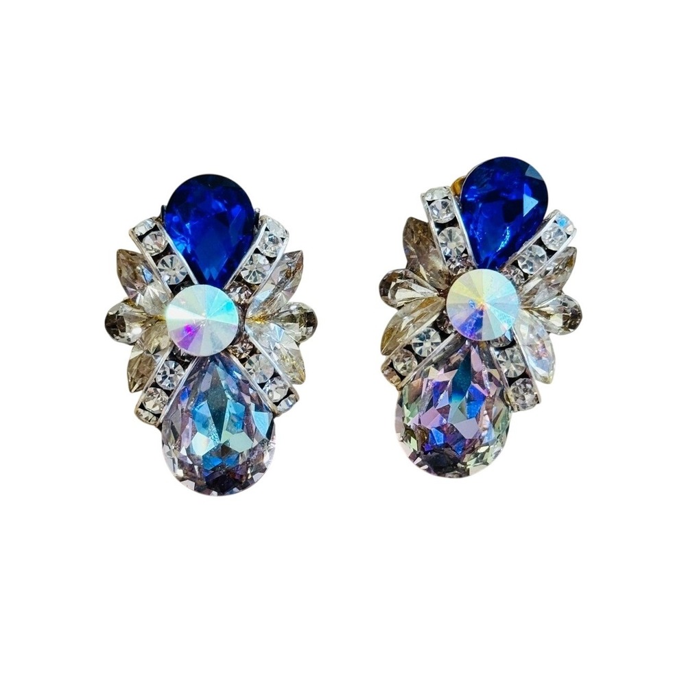 VTG Designs By SD Earrings Colorful Austrian Crystal rhinestone Clip Sparkly 80s